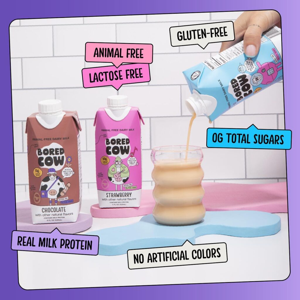 Bored Cow variations (chocolate, strawberry, and classic) with speech bubbles with call outs such as "animal free," "lactose free," "gluten free," "0g total sugars," "real milk protein," and "no artificial colors"